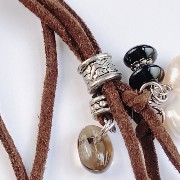 VTG Gemstone Freshwater Pearls Long Necklace Spinel Quartz Tourmaline Suede Boho - Picture 8 of 12